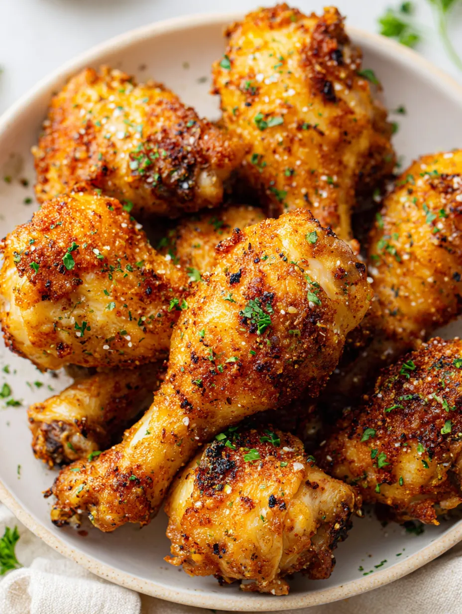 A plate of extra crispy air drumsticks.