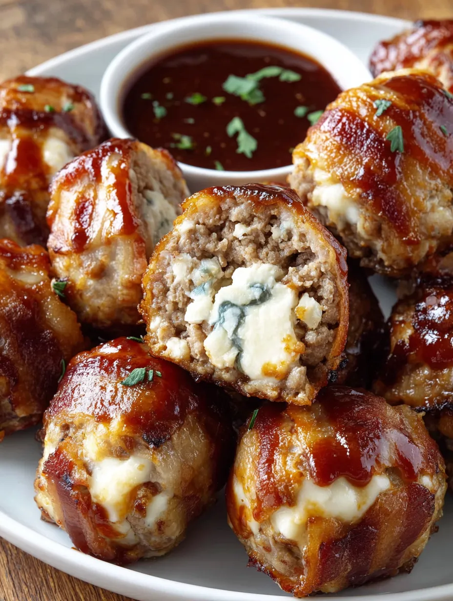 Cheddar-stuffed BBQ bacon bombs with a dipping sauce.