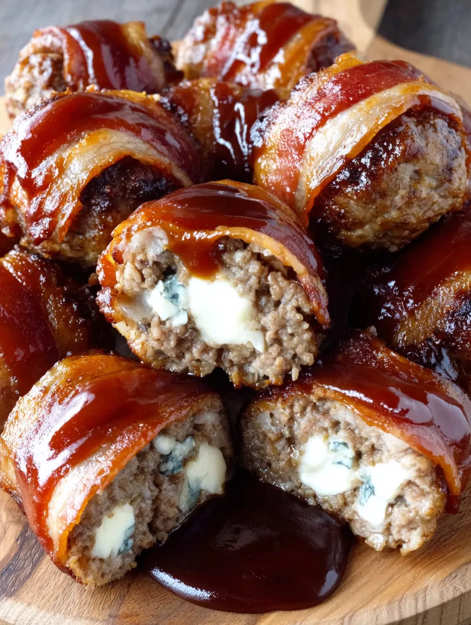 Cheddar-stuffed BBQ bacon bombs on a wooden platter.
