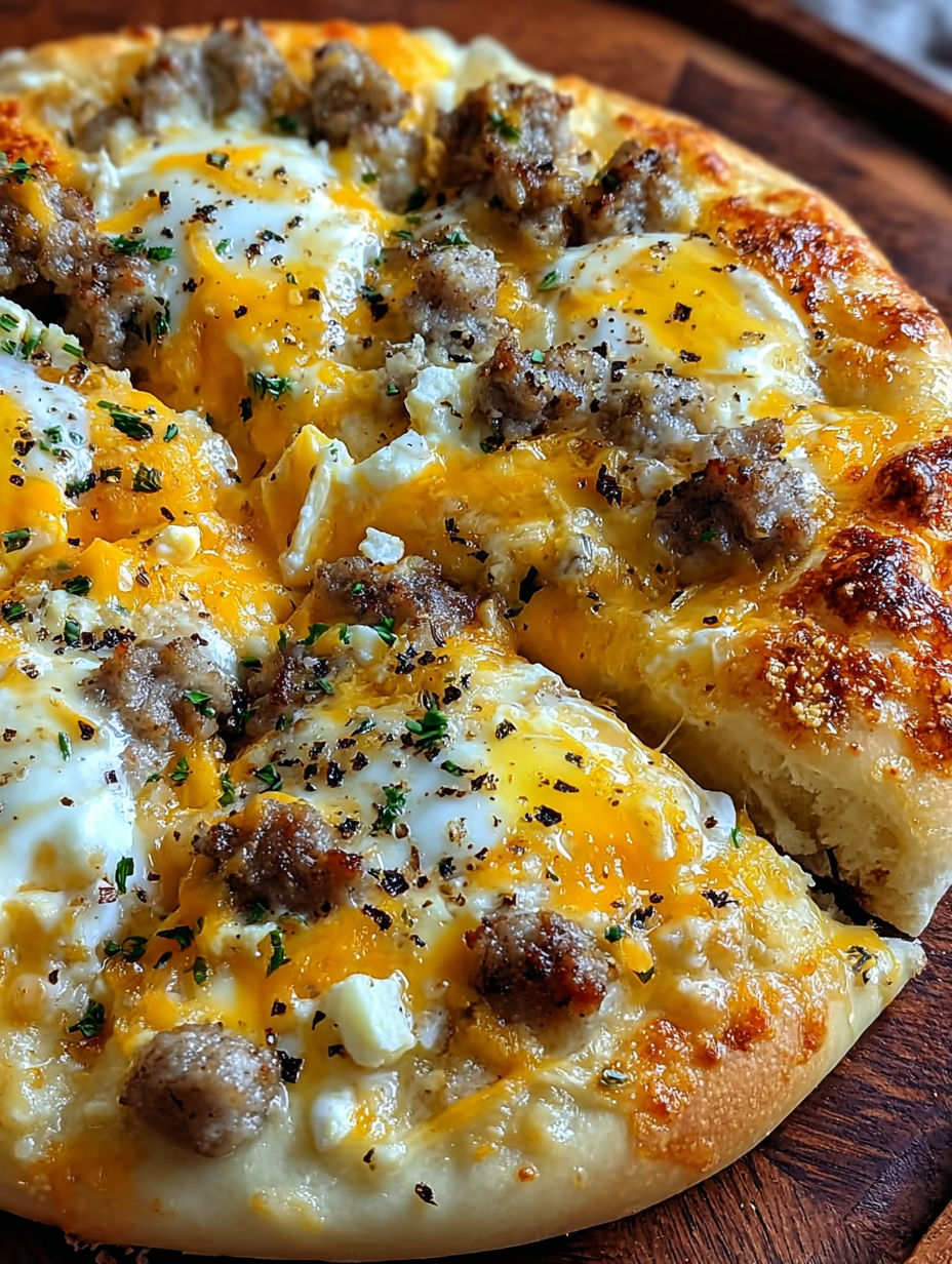 A pizza with sausage and gravy on it.