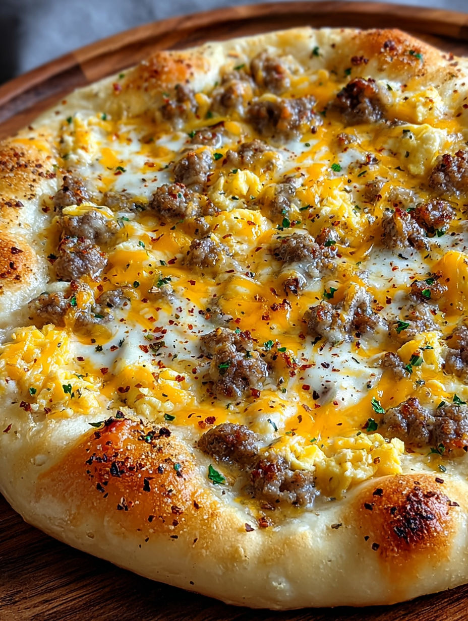 A pizza with sausage and gravy on top.