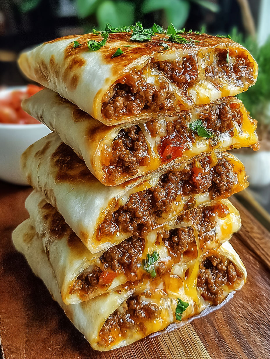 A stack of burritos with meat and cheese.