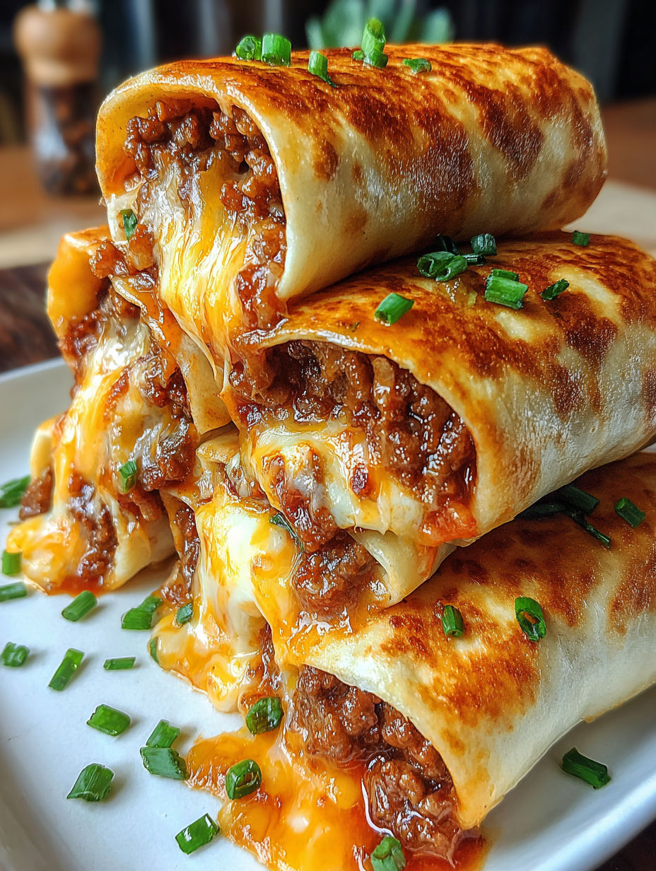 A stack of burritos with cheese and meat.