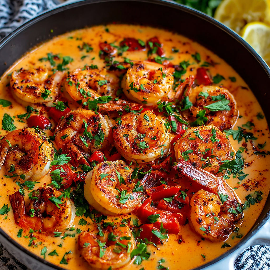A bowl of shrimp with a creamy garlic paprika sauce.