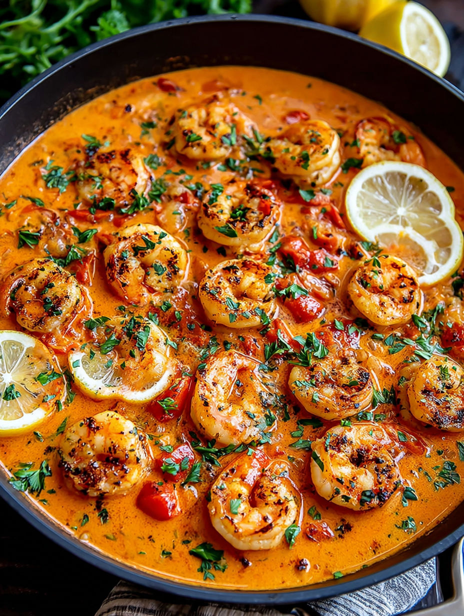 A bowl of shrimp with a lemon wedge on top.
