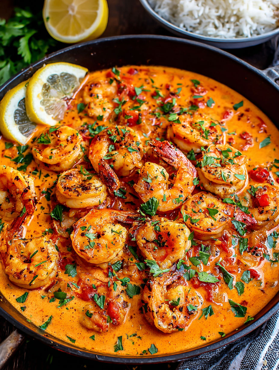 A bowl of shrimp with garlic, paprika, and lemon.