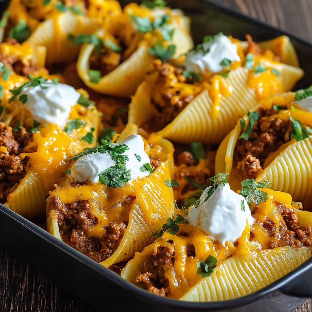 A dish of cheesy taco stuffed pasta shells.