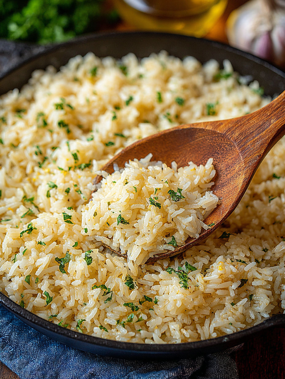 A wooden spoon in a pan of rice.