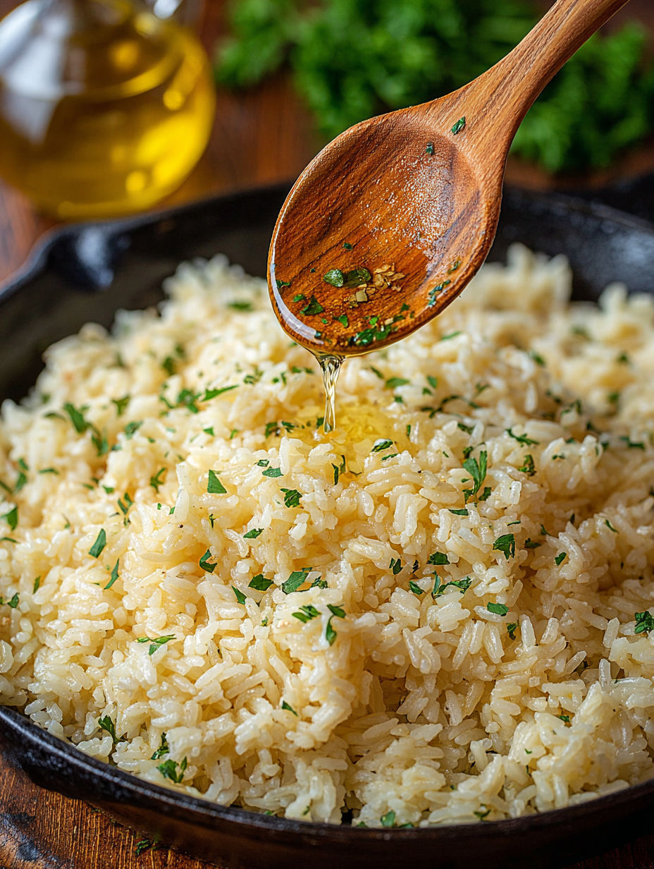 A wooden spoon is being used to stir a bowl of rice.