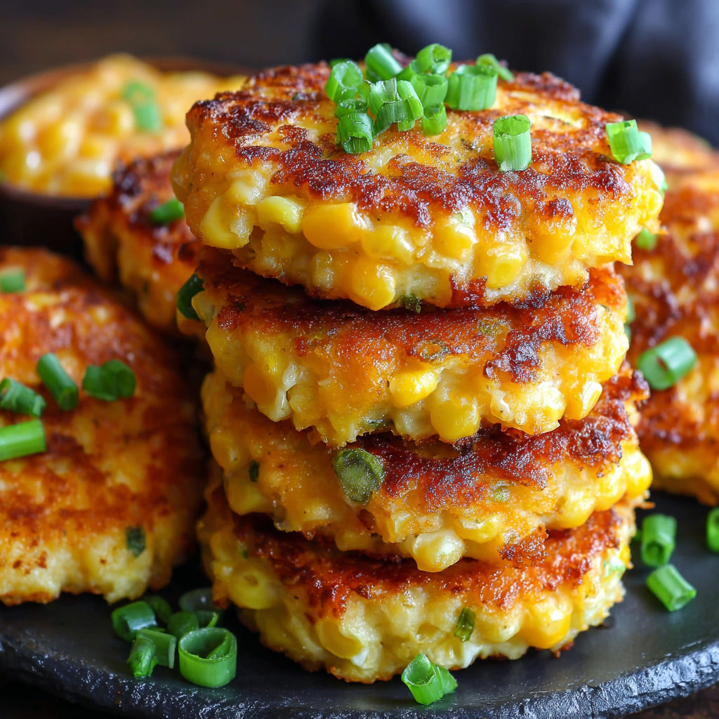 A stack of corn cakes with green onions on top.