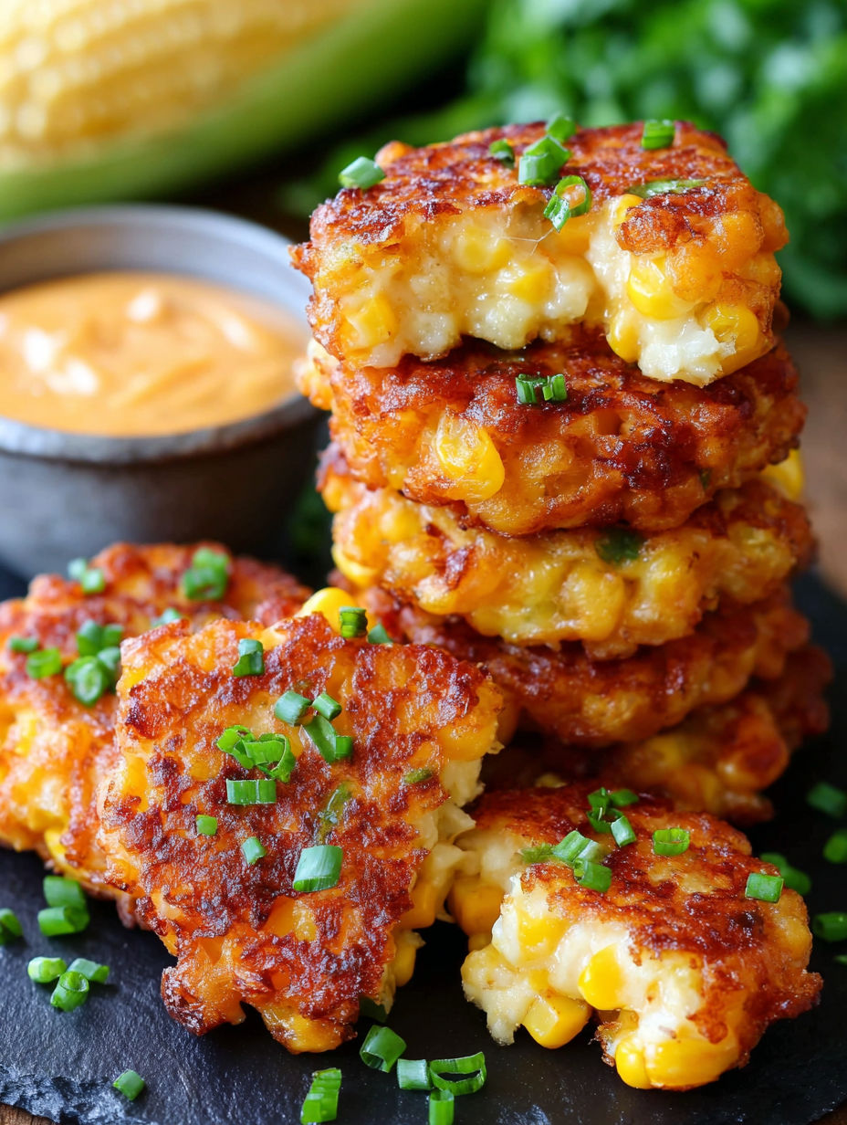 A stack of corn cakes with a dipping sauce.