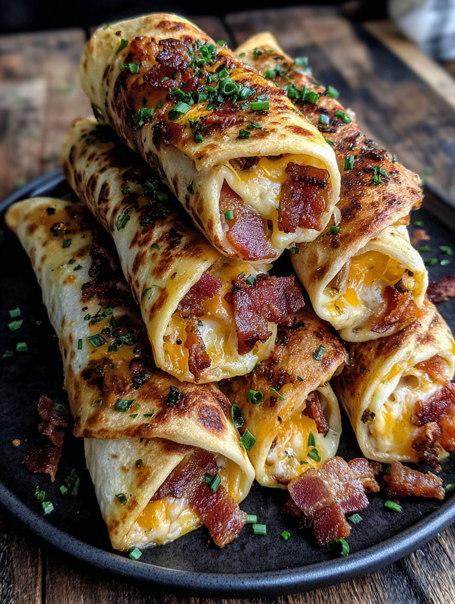 A stack of bacon wrapped sandwiches.