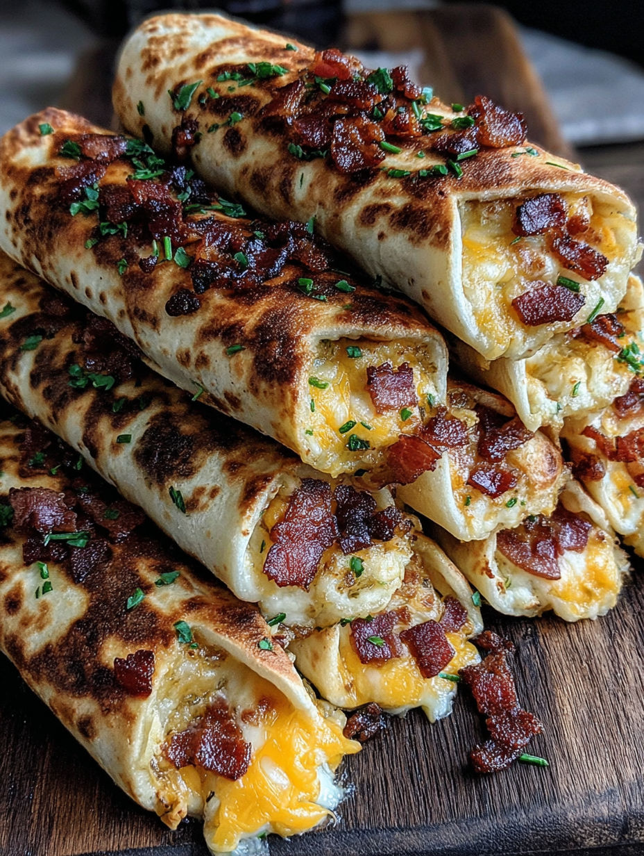 A stack of bacon wrapped burritos.