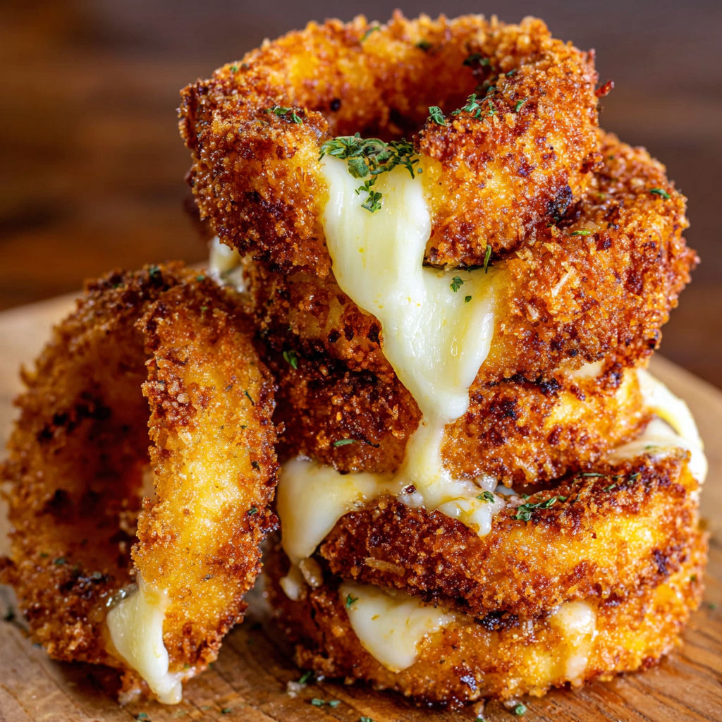 Cheesy onion rings stacked on a wooden table.