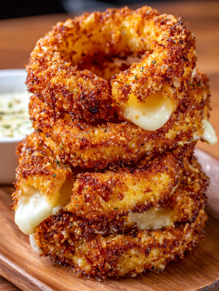 A stack of onion rings with cheese on top.