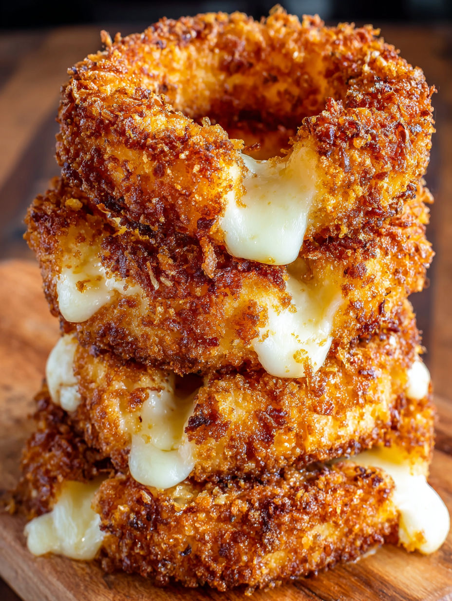 A stack of fried food with cheese on top.