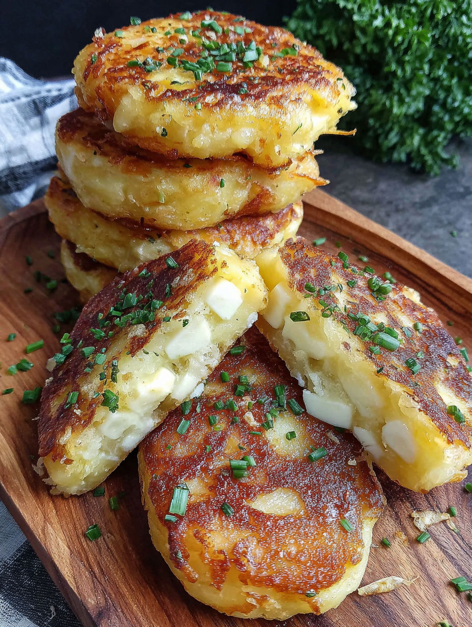 A stack of pancakes with cheese and herbs on top.