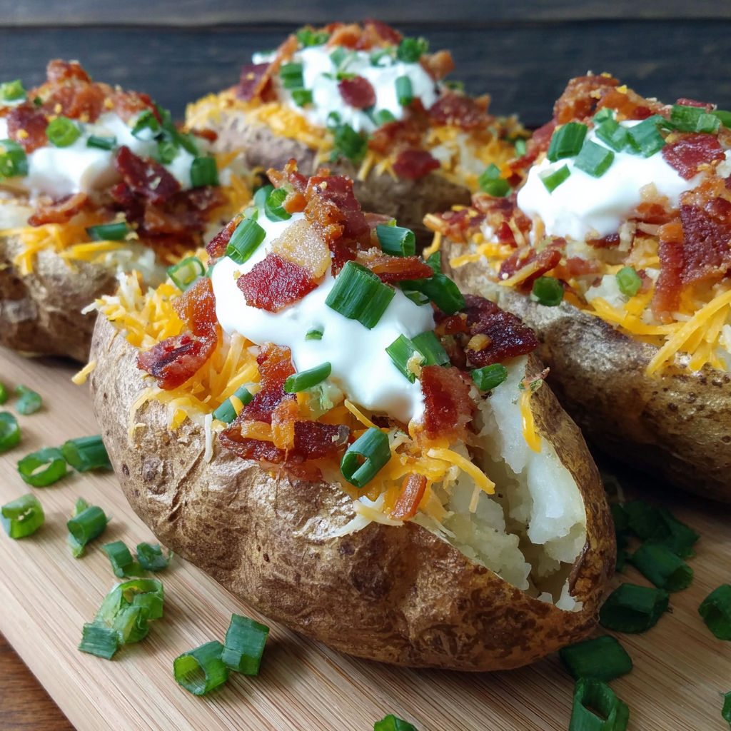 A plate of loaded baked potatoes with bacon and cheddar cheese.