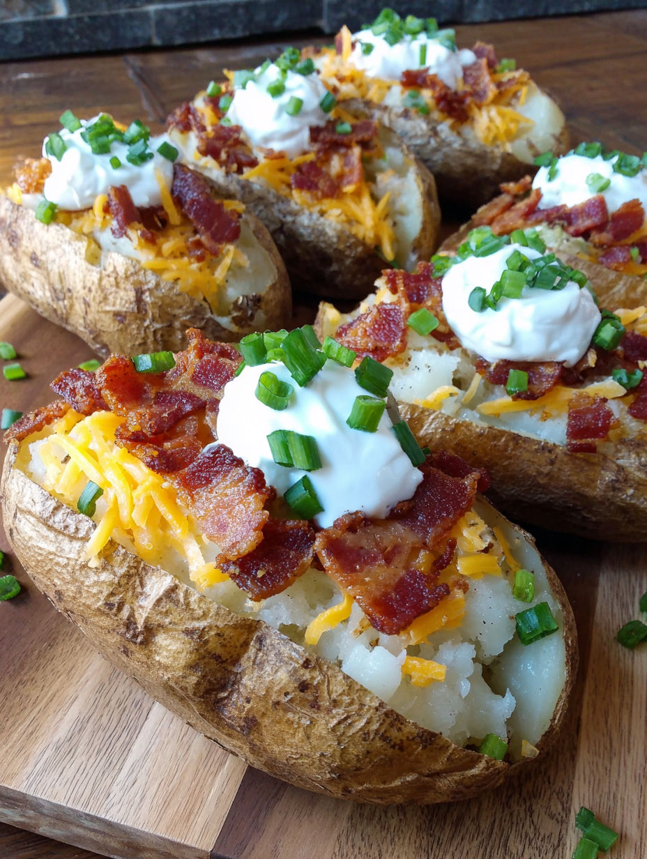 A close up of a baked potato with cheese and bacon.