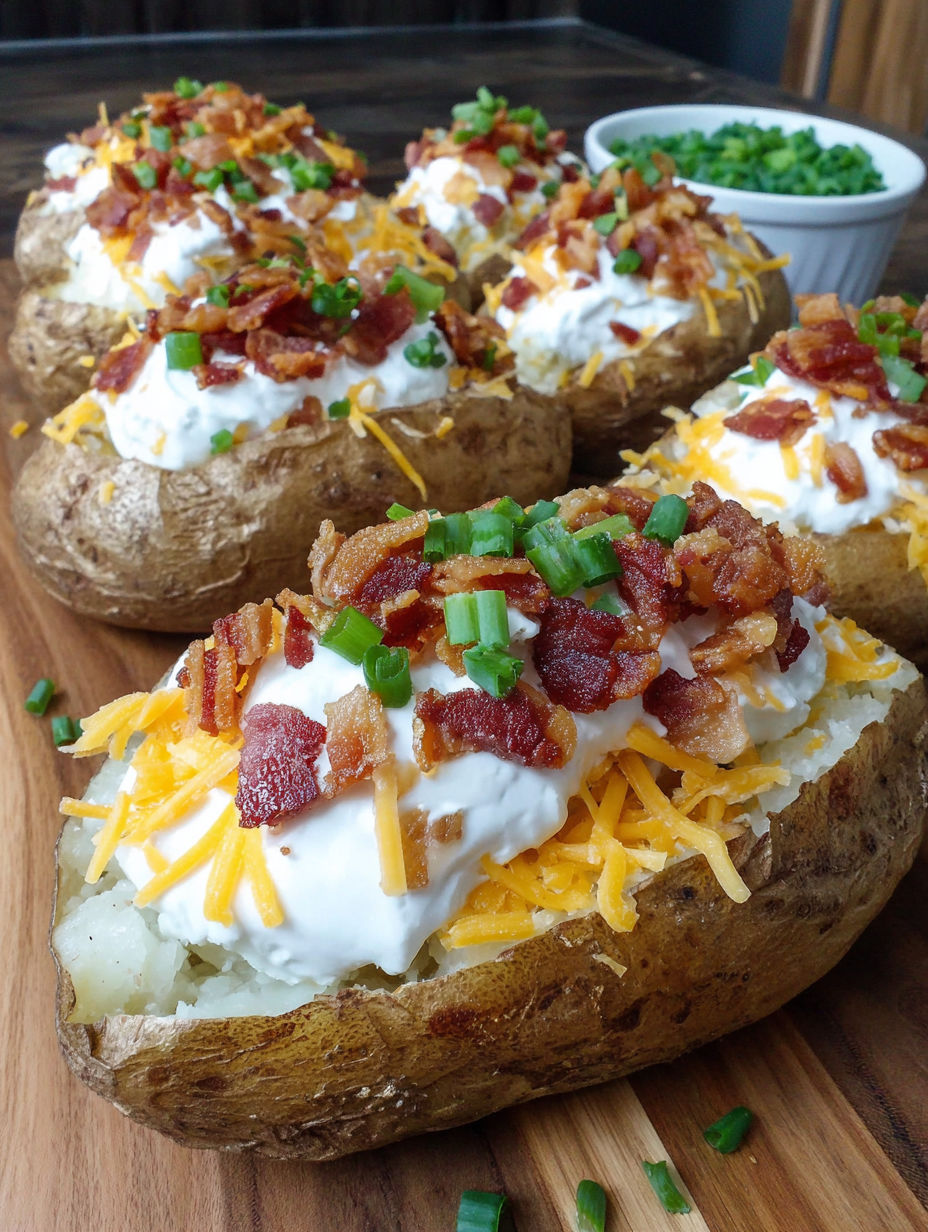 A close up of a baked potato with bacon and cheese.