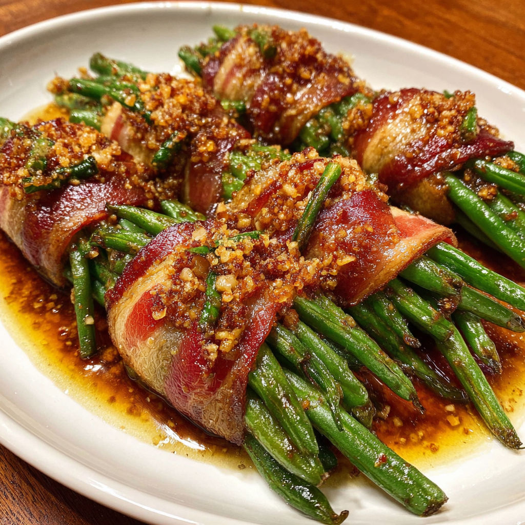 Green bean bundles with bacon wrapped around them.