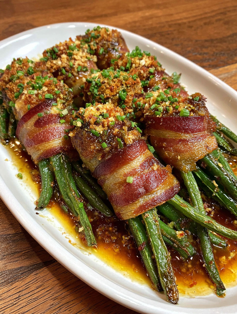 A plate of food with bacon wrapped around green beans.