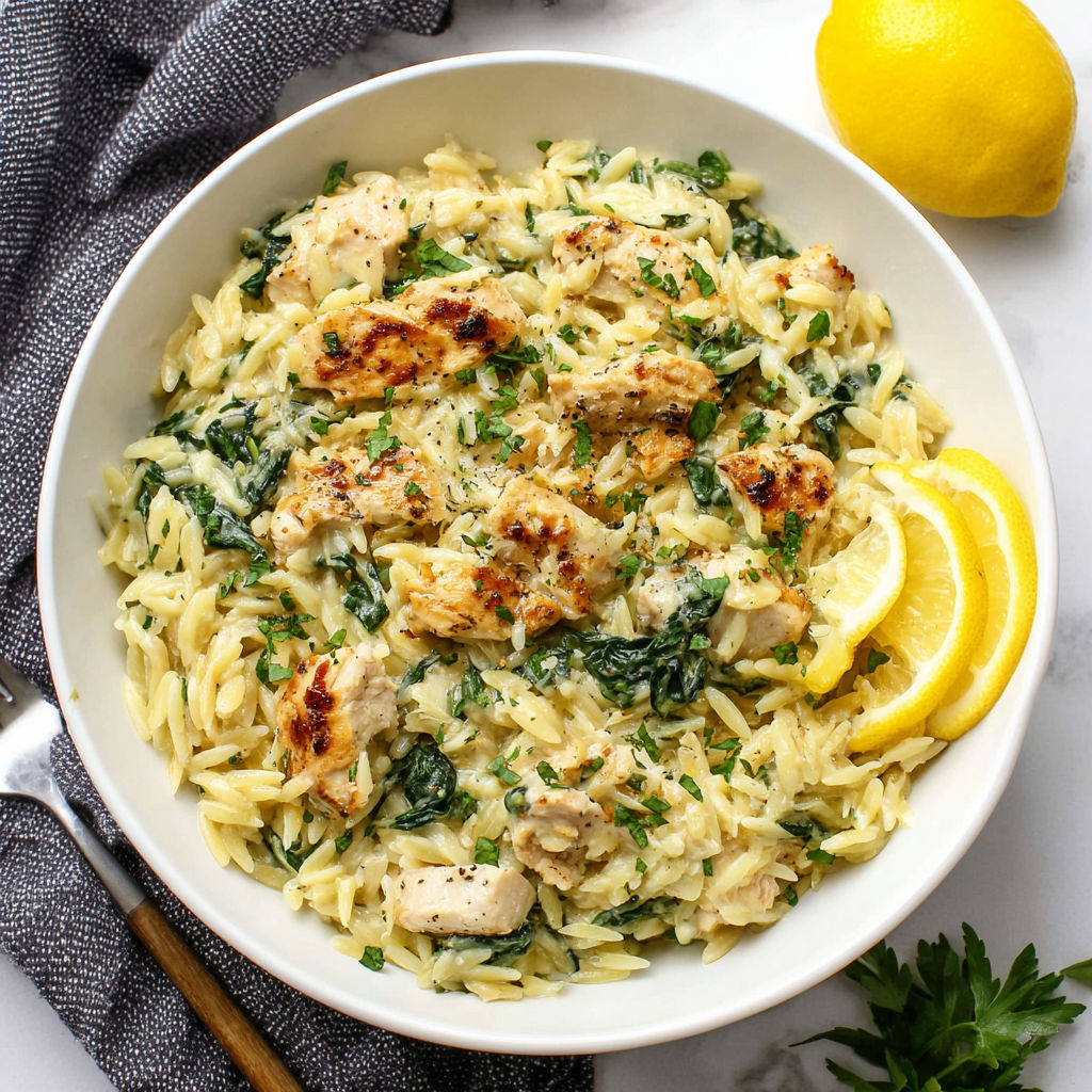 A bowl of chicken and pasta with a lemon wedge on the side.