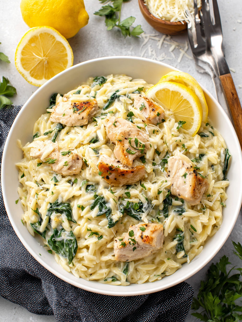 A bowl of pasta with chicken and spinach.