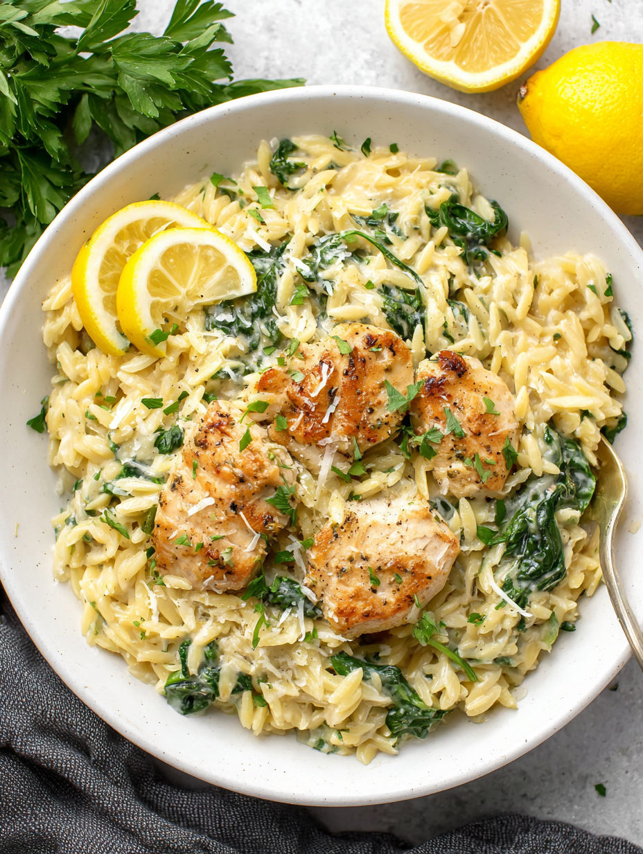 A bowl of pasta with chicken and spinach.