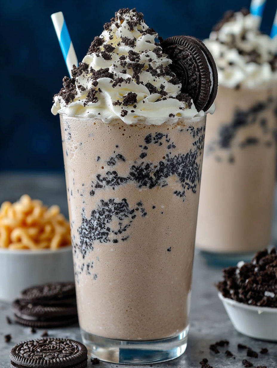 A chocolate milkshake with cookies and cream.
