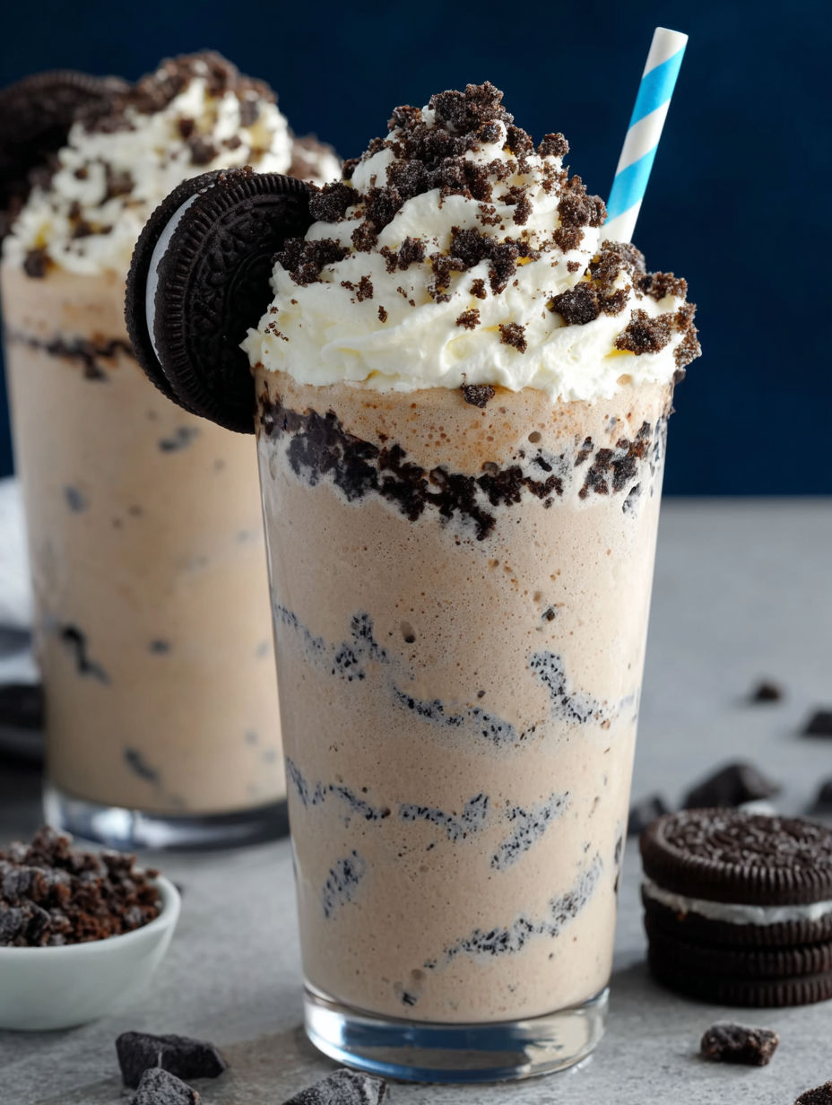 A glass of milkshake with cookies and cream.