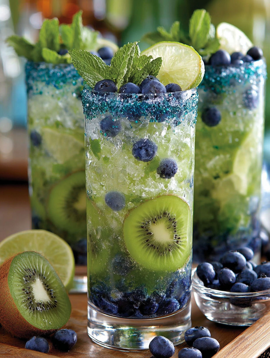 A glass of blueberry kiwi mojito cocktail.