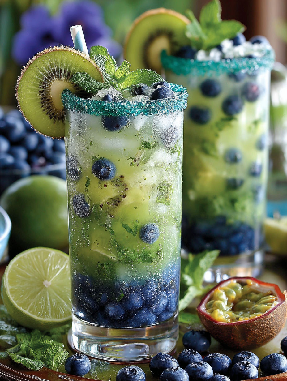 A glass of blueberry kiwi mojito cocktail.