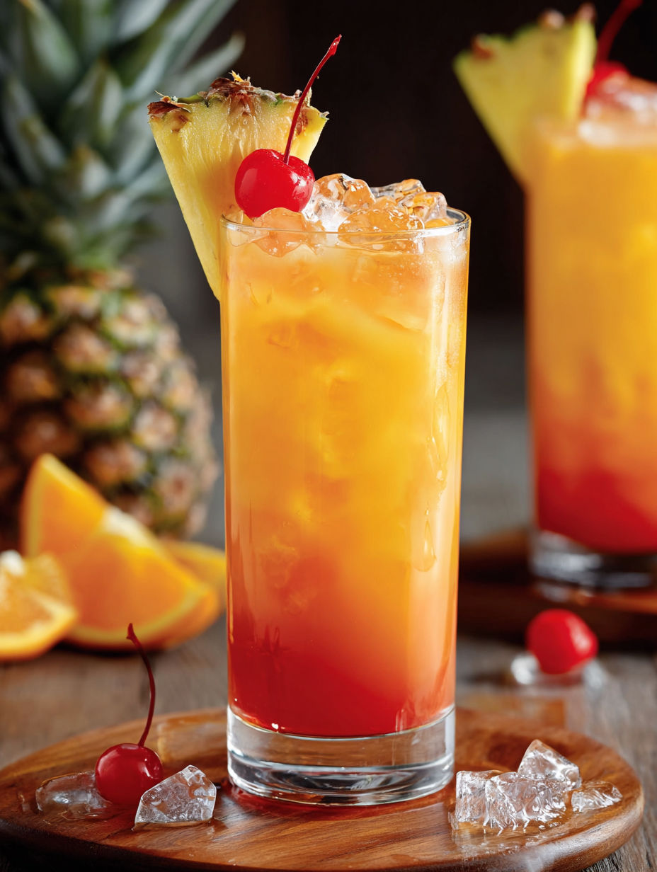 A glass of Virgin Island Breeze cocktail with a pineapple wedge and cherry.