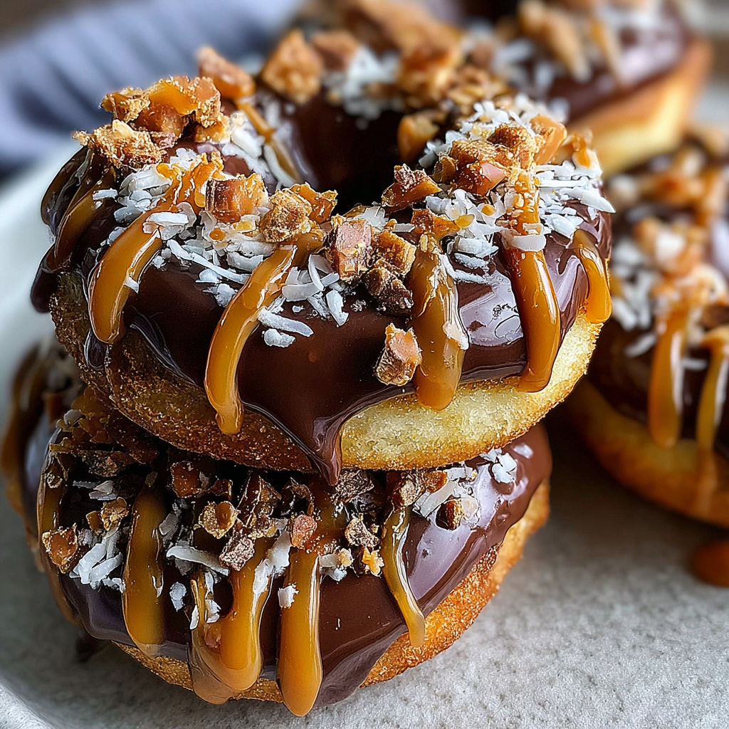 A close up of a chocolate caramel donut.