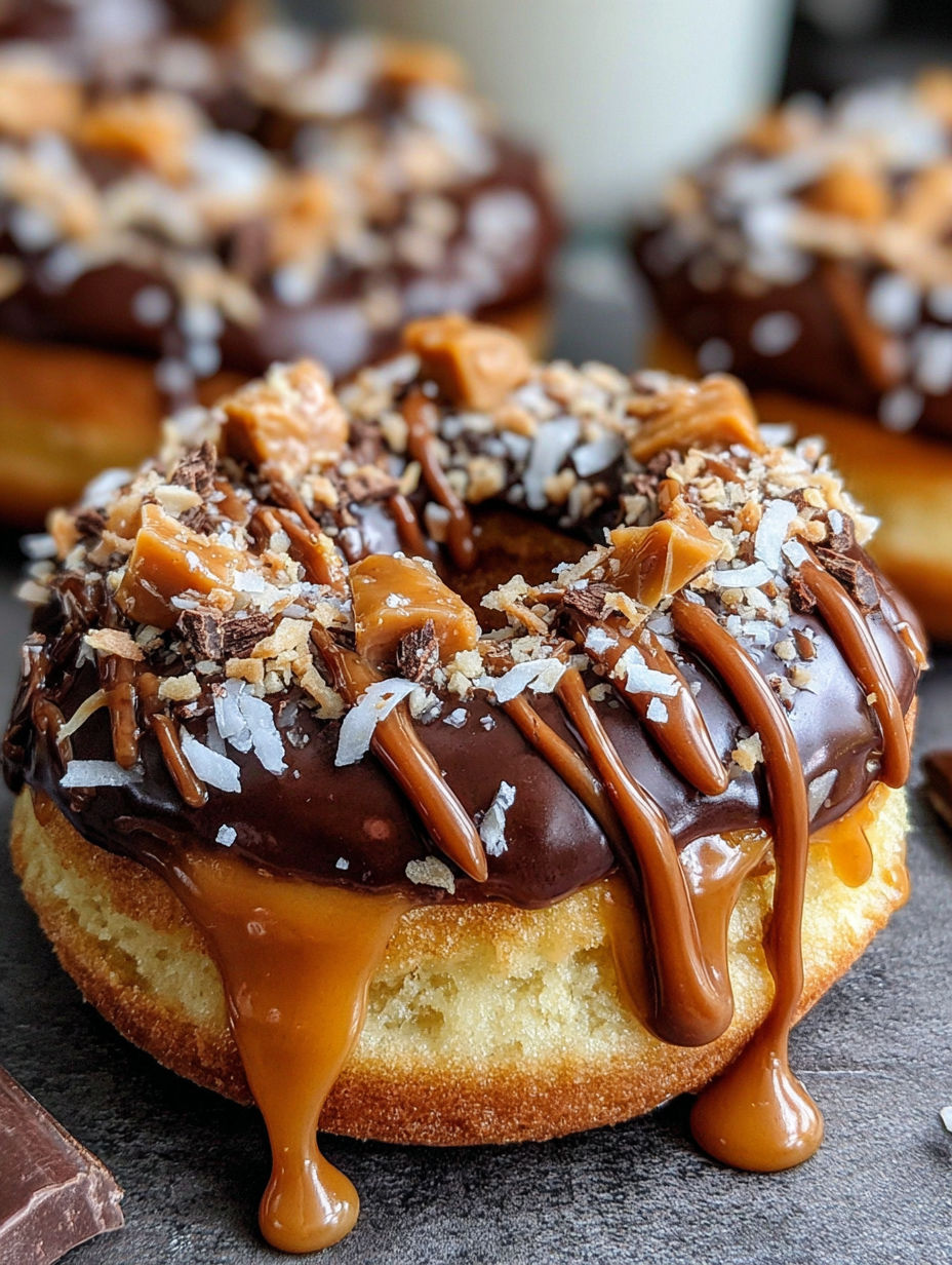 A chocolate covered donut with nuts and caramel drizzle.