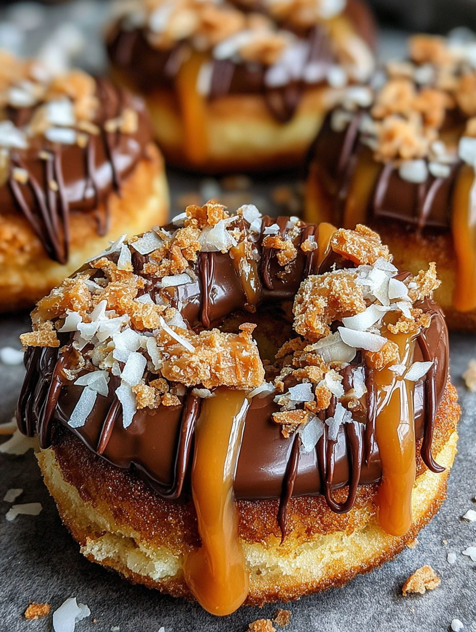 A chocolate donut with toasted coconut and caramel drizzle.