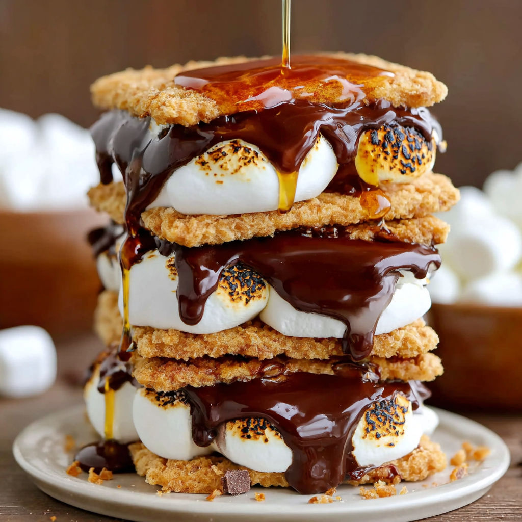 A stack of deep fried s'mores with chocolate drizzle.