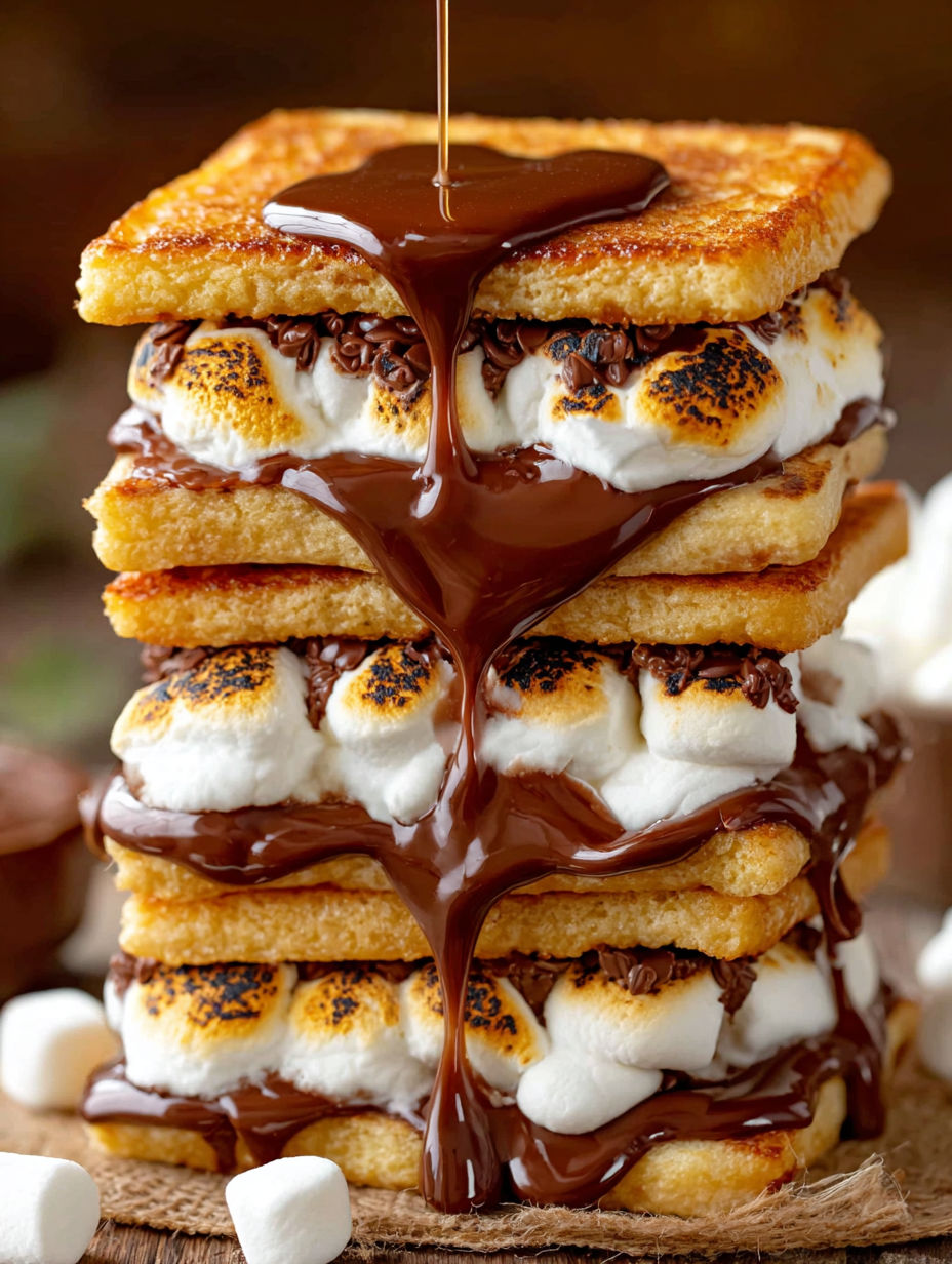 A stack of marshmallows with chocolate drizzled on top.