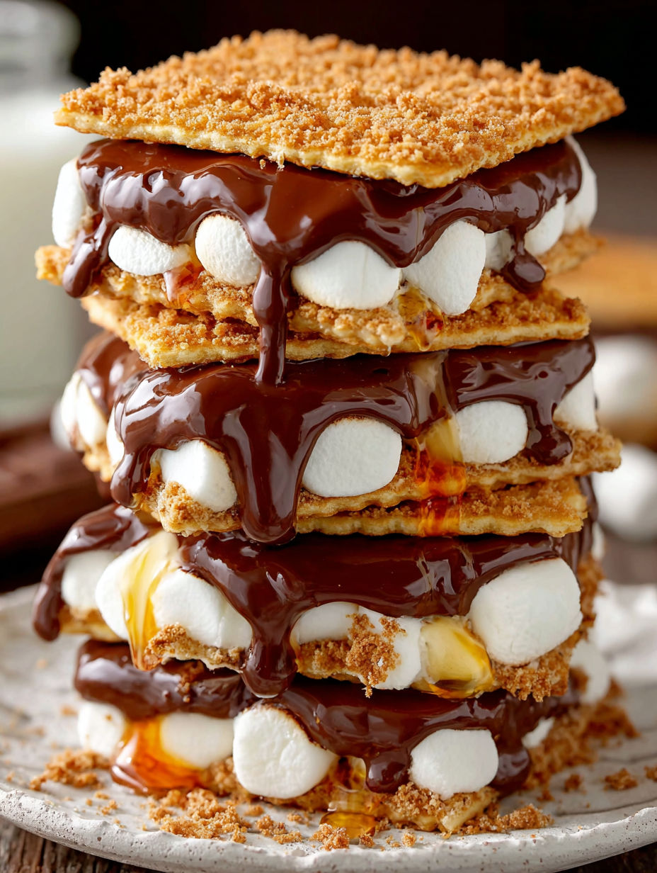 A stack of marshmallows with chocolate drizzled on top.