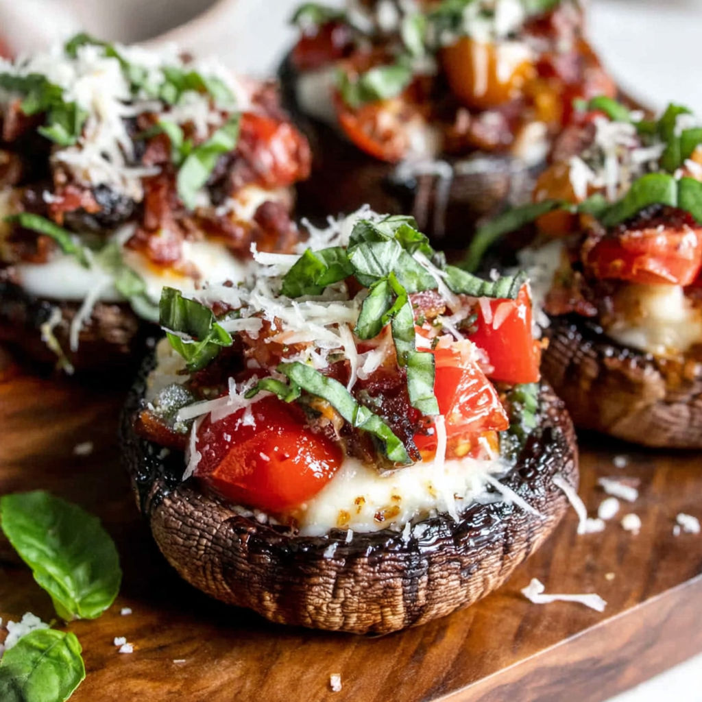 A plate of stuffed mushrooms with tomatoes and basil.