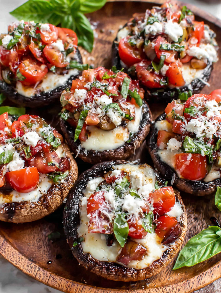 A plate of mushrooms with tomatoes and cheese.