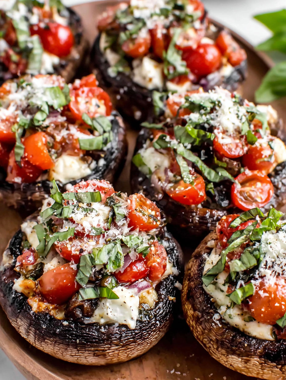 A close up of a mushroom with tomatoes and cheese.
