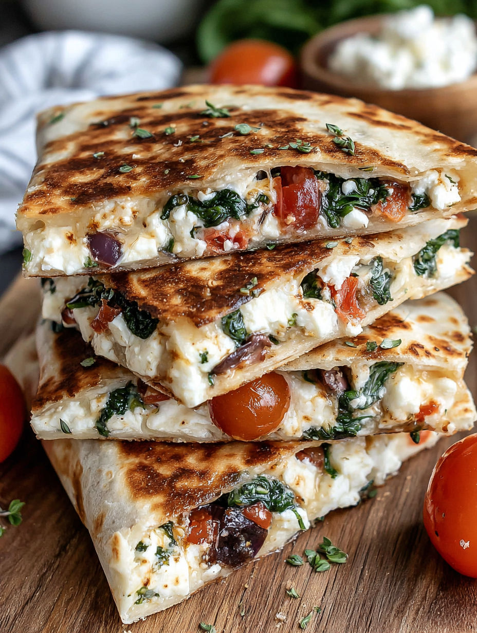 A stack of quesadillas with tomatoes and spinach.