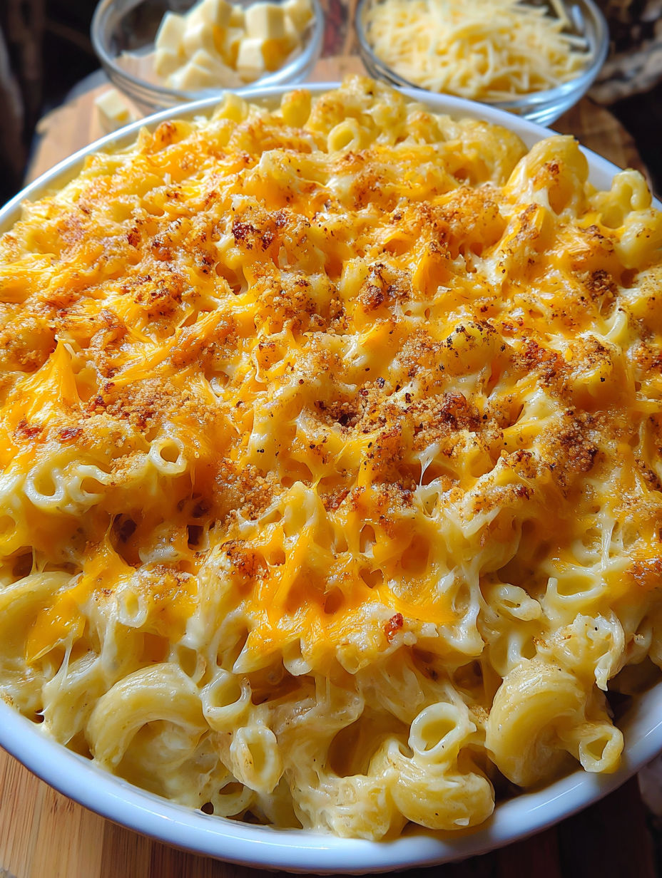A bowl of macaroni and cheese.