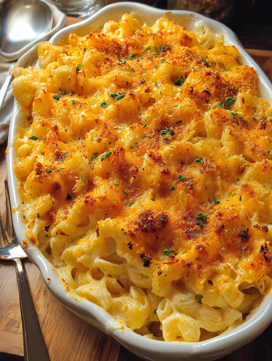 A baked mac and cheese dish with a fork on the side.