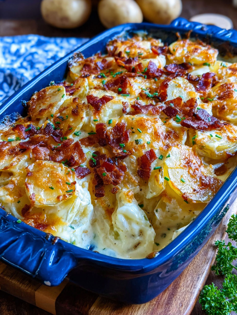 A dish of scalloped potatoes with bacon.