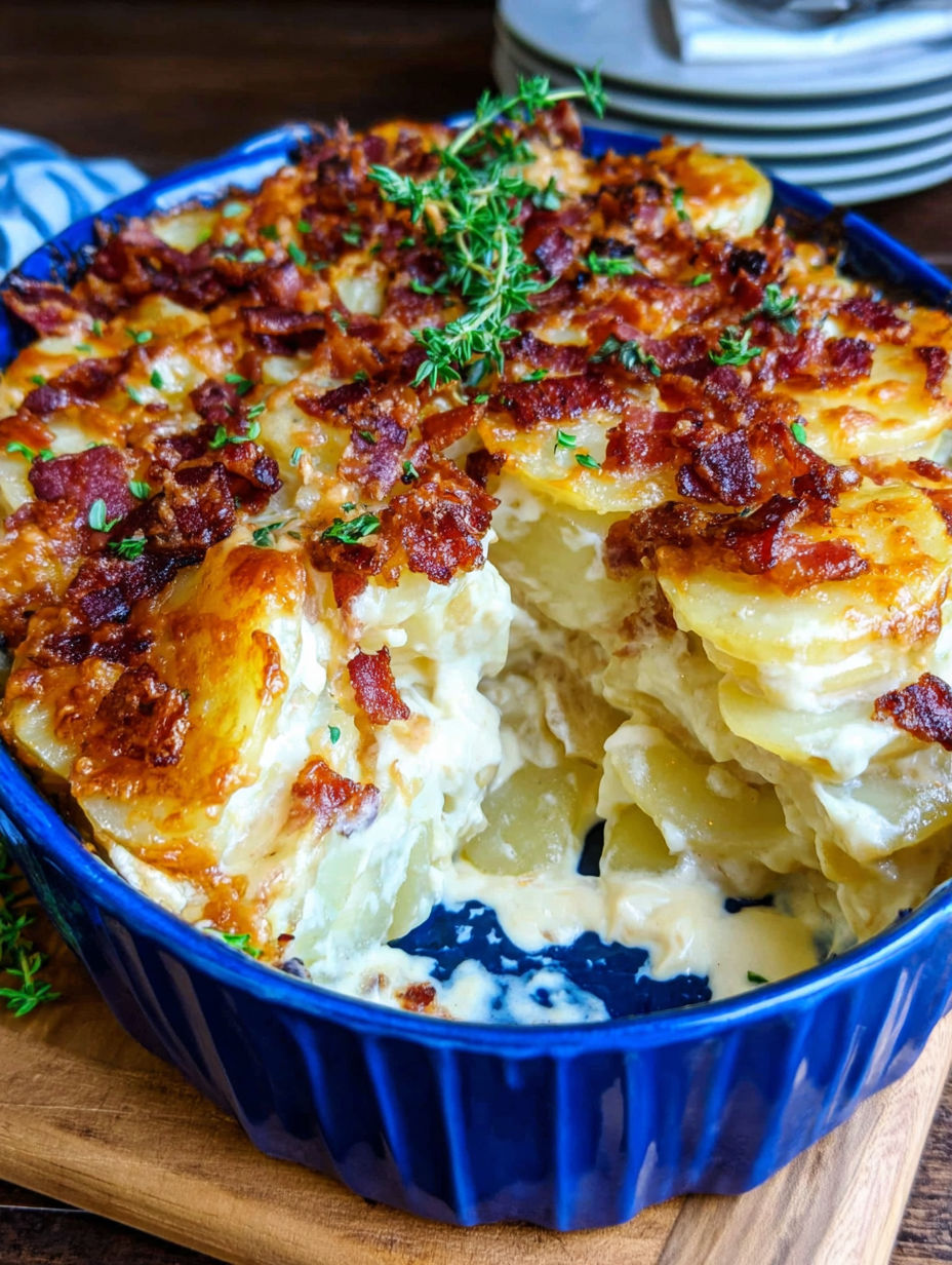 A blue bowl filled with scalloped potatoes.