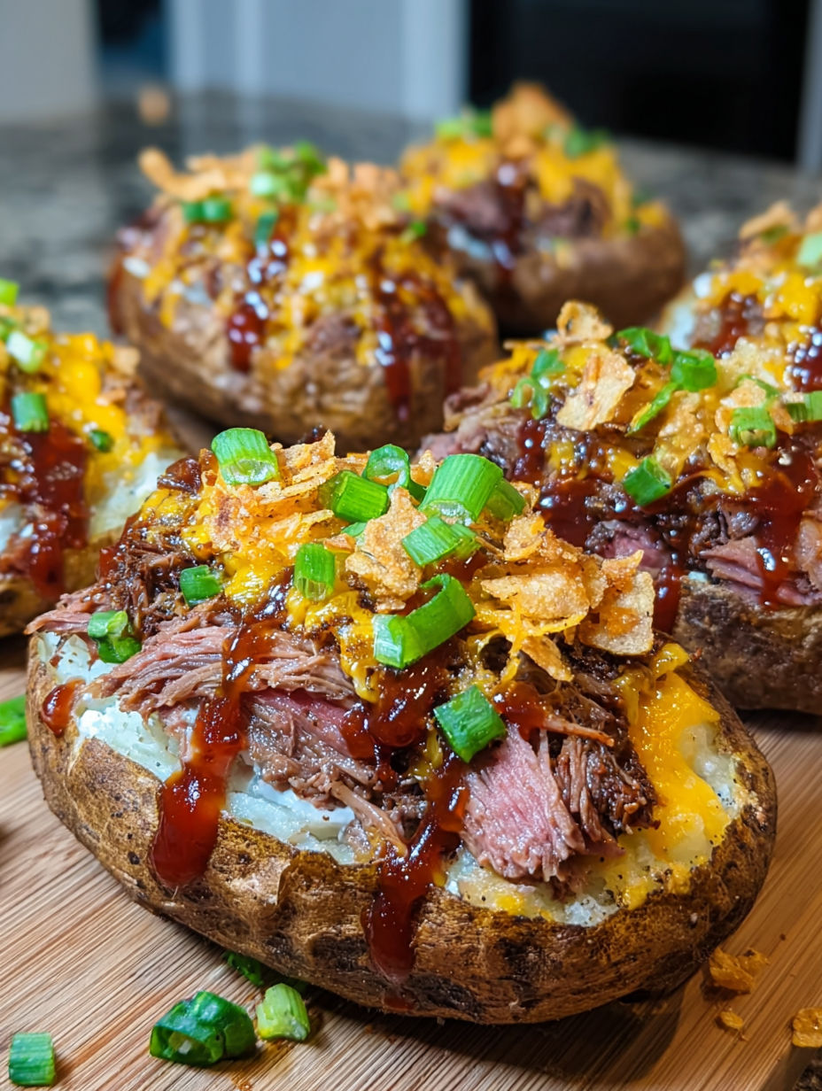 A close up of a potato with meat and cheese on top.