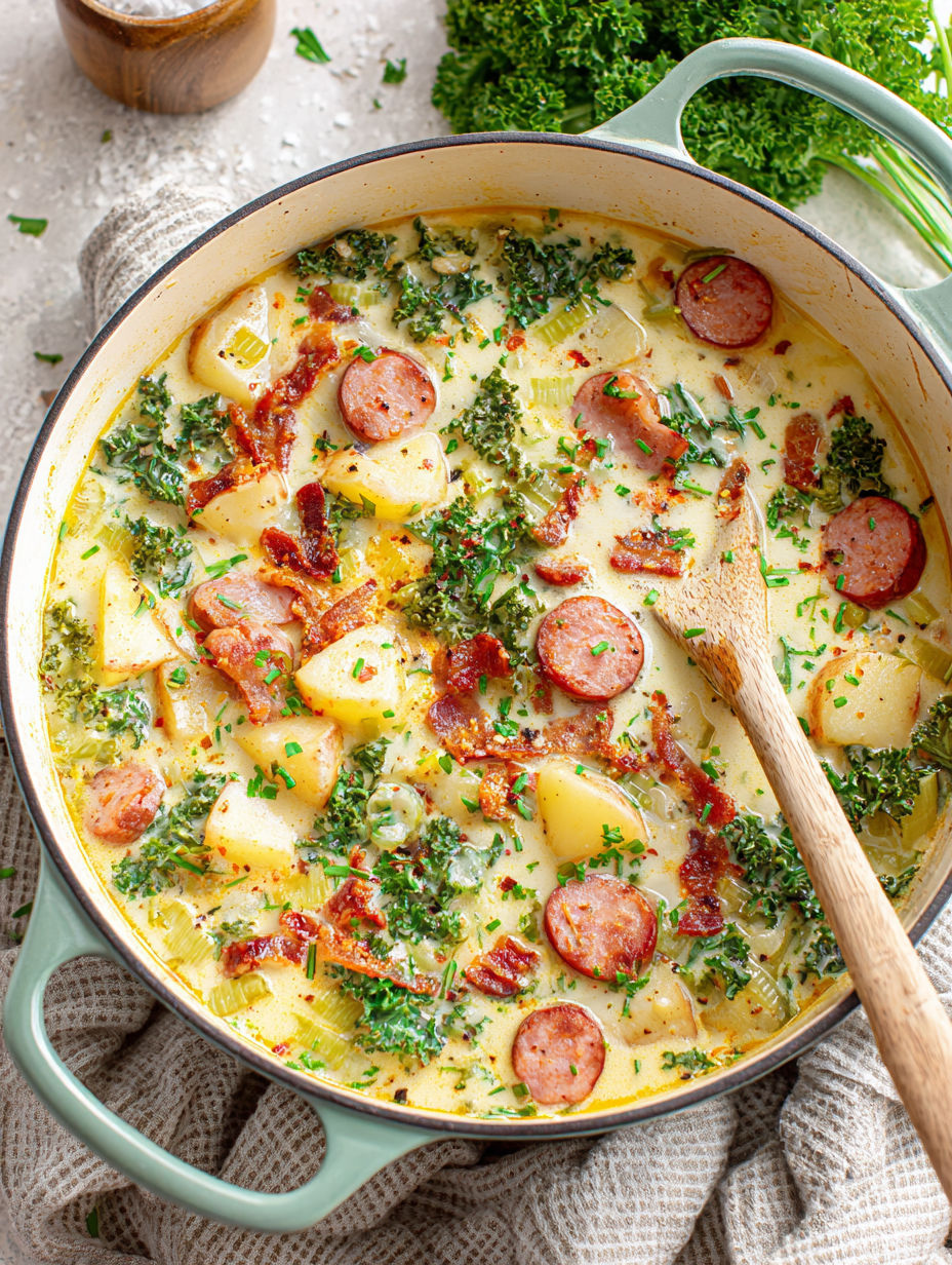A bowl of soup with sausage and potatoes.